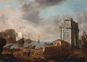 A Mediterranean Coastal Landscape With Elegant Figures, Dutch Men-o-war And Other Shipping