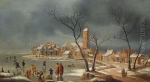 A Winter Landscape With Figures Playing And Skating On The Ice At The Edge Of A Town