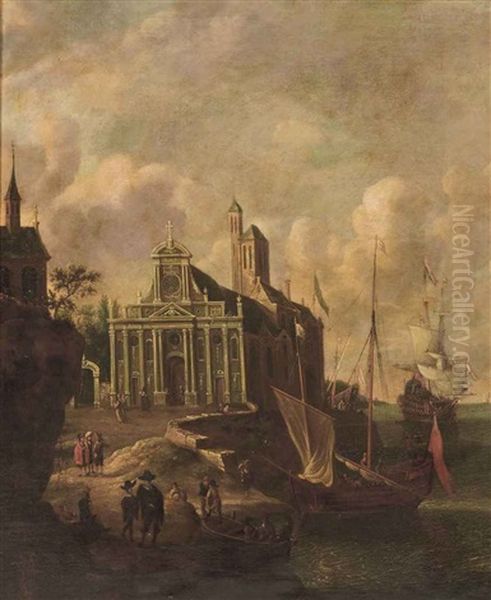 An Italianate Harbour View With A Church And Mooring Ships - view 1