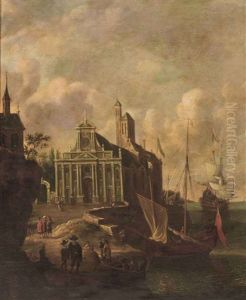 An Italianate Harbour View With A Church And Mooring Ships
