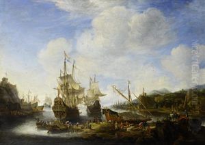 A Capriccio View Of A Port With Vessels And Stevedores Unloading Cargo A Capriccio View Of A Port With Vessels And Stevedores Unloading Cargo