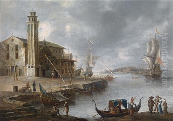 Eine Imaginare Ansicht Von Venedig Mit Eleganten Figuren, Die In Der Nahe Der Kirche San Lorenzo Eine Gondel Besteigen - view 1