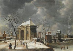 Amsterdam, A View Of The Heiligewegspoort From The North-west, With Skaters On A Frozen Canal by Jan Abrahamsz. Beerstraten