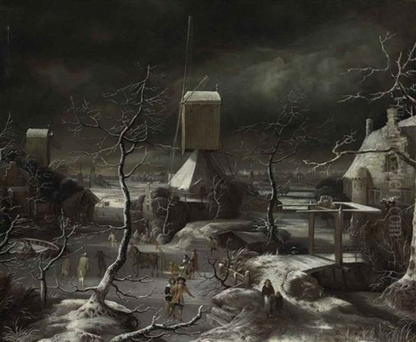 Winter Landscape With Horse-drawn Sledge, Skaters And Kolfers On A Frozen Waterway By A Windmill, Amsterdam And The Ij Beyond - view 1