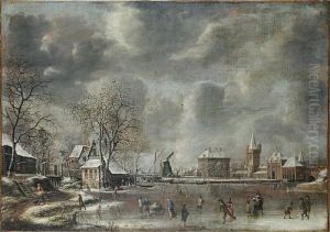 A Winter Landscape With Figures Skating And Playing Kolf On A Frozen River At The Edge Of A Town by Jan Abrahamsz. Beerstraten