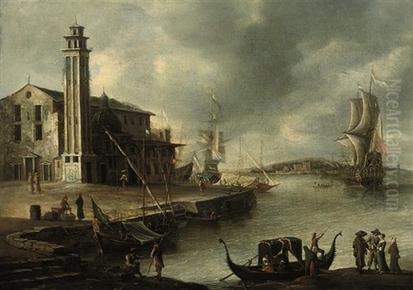 A Mediterranean Coastal Landscape With Elegant Figures Embarking A Boat, Dutch Men-o-war And Other Shipping In A Harbor - view 1