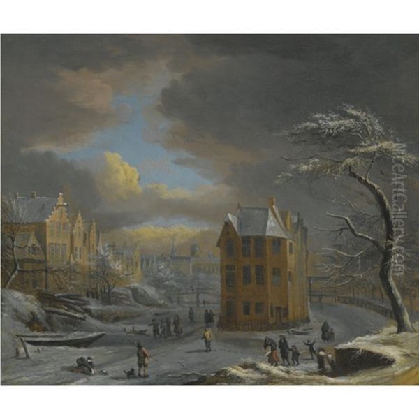 A Frozen Canal In Mid Winter With Skaters In The Foreground - view 1