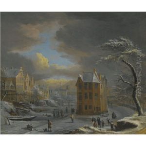 A Frozen Canal In Mid Winter With Skaters In The Foreground by Jan Abrahamsz. Beerstraten