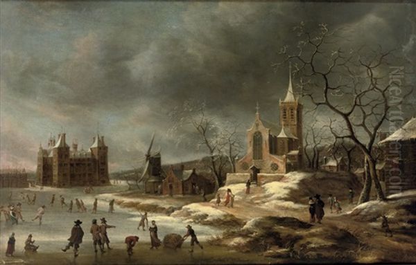 A Winter Landscape With Activities On The Ice Near Castle Buren, In Gelderland - view 1