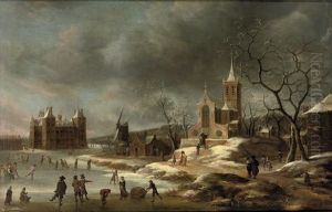 A Winter Landscape With Activities On The Ice Near Castle Buren, In Gelderland