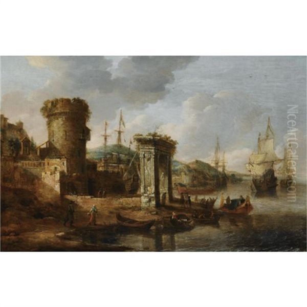 A Capriccio Of A Mediterranean Harbour With Elegant Figures Embarking A Boat, A Roman Triumphal Arch, And Dutch Men-of-war Beyond - view 1