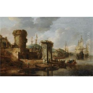 A Capriccio Of A Mediterranean Harbour With Elegant Figures Embarking A Boat, A Roman Triumphal Arch, And Dutch Men-of-war Beyond by Jan Abrahamsz. Beerstraten
