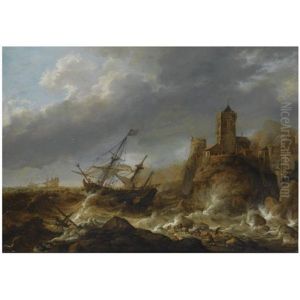 Ships In A Heavy Storm Along A Rocky Coast, Near A Fortified Town, Shipwrecked Figures In The Foreground by Jan Abrahamsz. Beerstraten