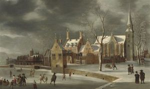 A Winter Landscape With Figures Skating On The Ice Near A Town