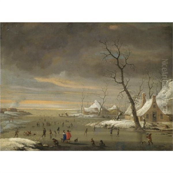 An Extensive Winter Landscape With Skaters On A Frozen River - view 1