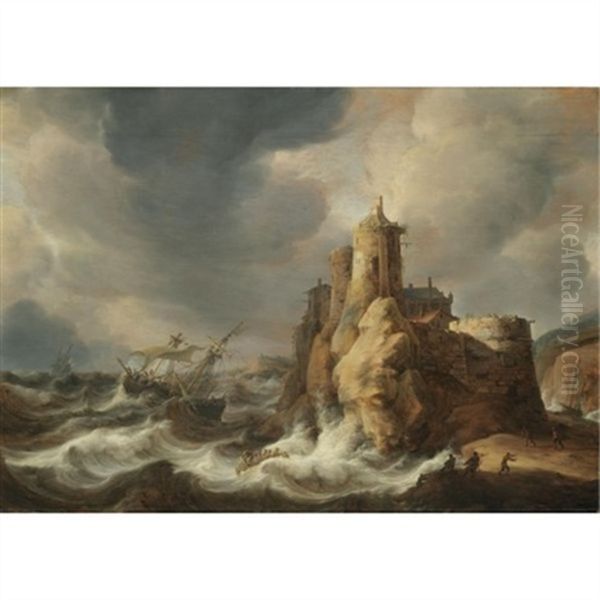 Shipping In A Storm Beneath A Clifftop Castle - view 1