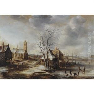 A Winter Landscape (amerongen?) With Skaters On A Frozen River And Figures Entering A Church To The Left, The Tower Of Rhenen Church In The Distance