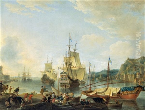 Ein Sudlicher Hafen Mit Zwei Hollandischen Kriegsschiffen, Booten Und Vielen Figuren - view 1