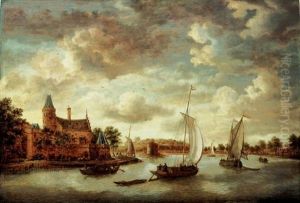 A River Landscape With Barges Passing A Chateau