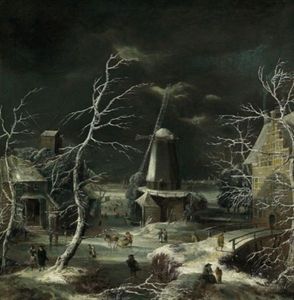 Blick Auf Ein Dorf Im Winter Mit Einer Windmuhle, Einem Pferdeschlitten Und Eislaufern