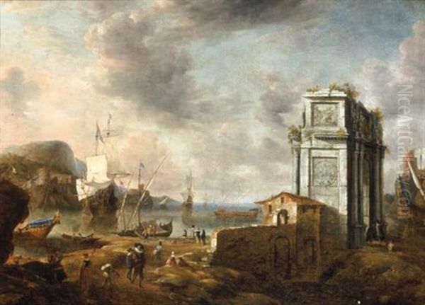 A Capriccio Of A Mediterranean Harbour With Elegant Figures And A Roman Triumphal Arch, A Dutch Man-of-war Beyond - view 1