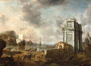 A Capriccio Of A Mediterranean Harbour With Elegant Figures And A Roman Triumphal Arch, A Dutch Man-of-war Beyond