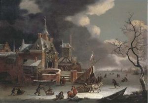 A Winter Landscape With Figures Skating And Sleighing On Frozen Water, A Towngate In The Distance