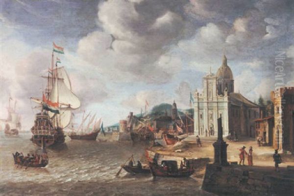 A Mediterranean Harbour Scene With A Dutch Man-o-war - view 1