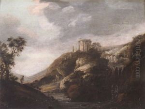 Landscape With Classical Ruins By A Waterfall And A Figure Along The River by Jan Abrahamsz. Beerstraten