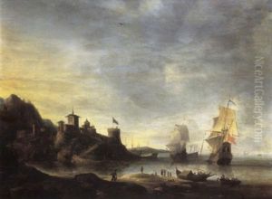 A Mediterranean Coastal Fortification With Two Dutch Men O' War Offshore, Fishermen Loading A Boat In The Foreground