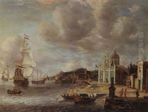 An Italianate Harbour Scene With Dutch Men-o'-war Moored, Yachts And Rowing Boats Near The Quay