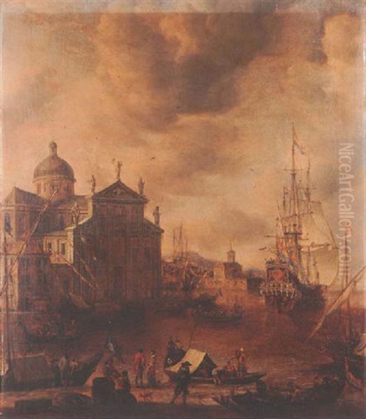 A Capriccio Of A Southern Seaport With Figures On A Quayside, Small Craft Before A Church And A Group Being Rowed Out To A Dutch Ship - view 1