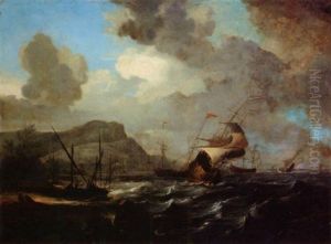 A View Of A Bay With Dutch East Indiamen And Other Sailing Vessels On A Stormy Sea, Fishing Boats Moored On The Beach by Jan Abrahamsz. Beerstraten