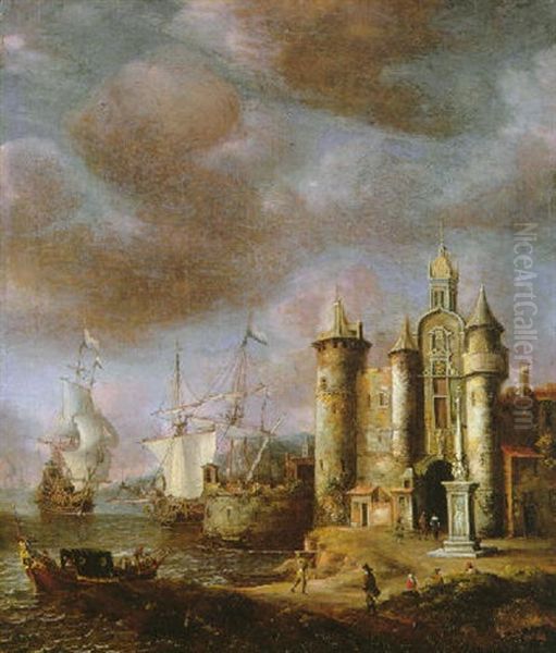 A Capriccio Of A Walled Town In A Mediterranean Harbour With A Fortified Gatehouse On The Quayside And Dutch Men O'war In The Bay - view 1