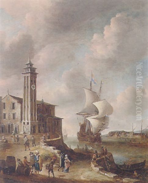 An Italianate Harbour Scene With Figures On The Shore - view 1