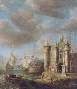 A Capriccio Of A Walled Town In A Mediterranean Harbour With A Fortified Gatehouse On The Quayside