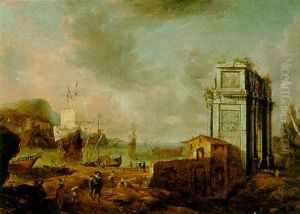 A Capriccio Of A Mediterranean Harbour With Elegant Figures Near A Triumphal Arch