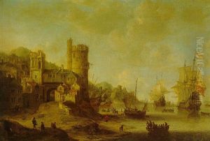 A Capriccio Of A Coastal Scene With Dutch Men-o'-war Lying Offshore