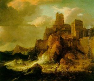 A Rocky Coastal Landscape With A Fortified Town And Figures Scrambling To Shore by Jan Abrahamsz. Beerstraten