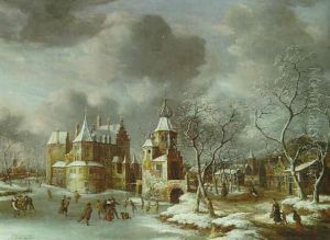 A View Of (poelgeest Castle?) In Winter With Figures Skating On A Frozen River
