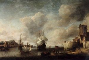 A Harbour With Dutch Men-of-war Anchored Offshore, Figures Embarking On A Small Boat In The Foreground, A Fortified Castle On The Right by Jan Abrahamsz. Beerstraten