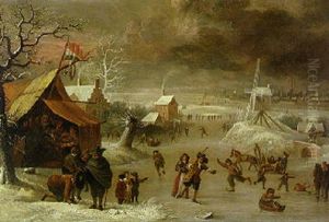 A Winter Landscape With Skaters On A Frozen Waterway By A Sutler's Tent, A City Beyond by Jan Abrahamsz. Beerstraten