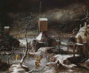 A Winter Landscape With A Horse-drawn Sled, Skaters And Golfers On A Frozen Waterway, Amsterdam And The Ij Beyond by Jan Abrahamsz. Beerstraten
