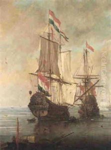 Dutch And English Men O'war With A Three-masted Vessel Firing A Salute Beyond