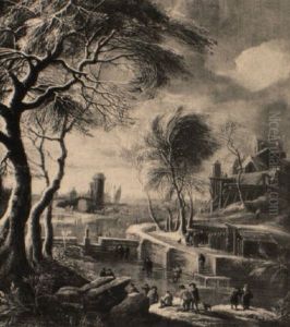 Hollandische Winterlandschaft Mit Zugefrorenem Kanal Und Dorf