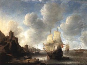 An Amsterdam Man-o'-war And Other Shipping On A River By A Castle by Jan Abrahamsz. Beerstraten
