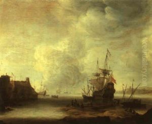 Harbor With A Dutch Man-of-war At Anchor And Small Boats Around by Jan Abrahamsz. Beerstraten