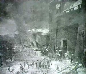 Winter Landscape With Figurees Gathered On The Ice Beside A Town Gate