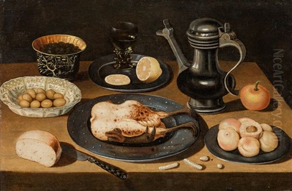 Still Life With Roasted Chicken, Olives, Fruit And Bread - view 1