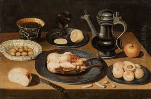 Still Life With Roasted Chicken, Olives, Fruit And Bread